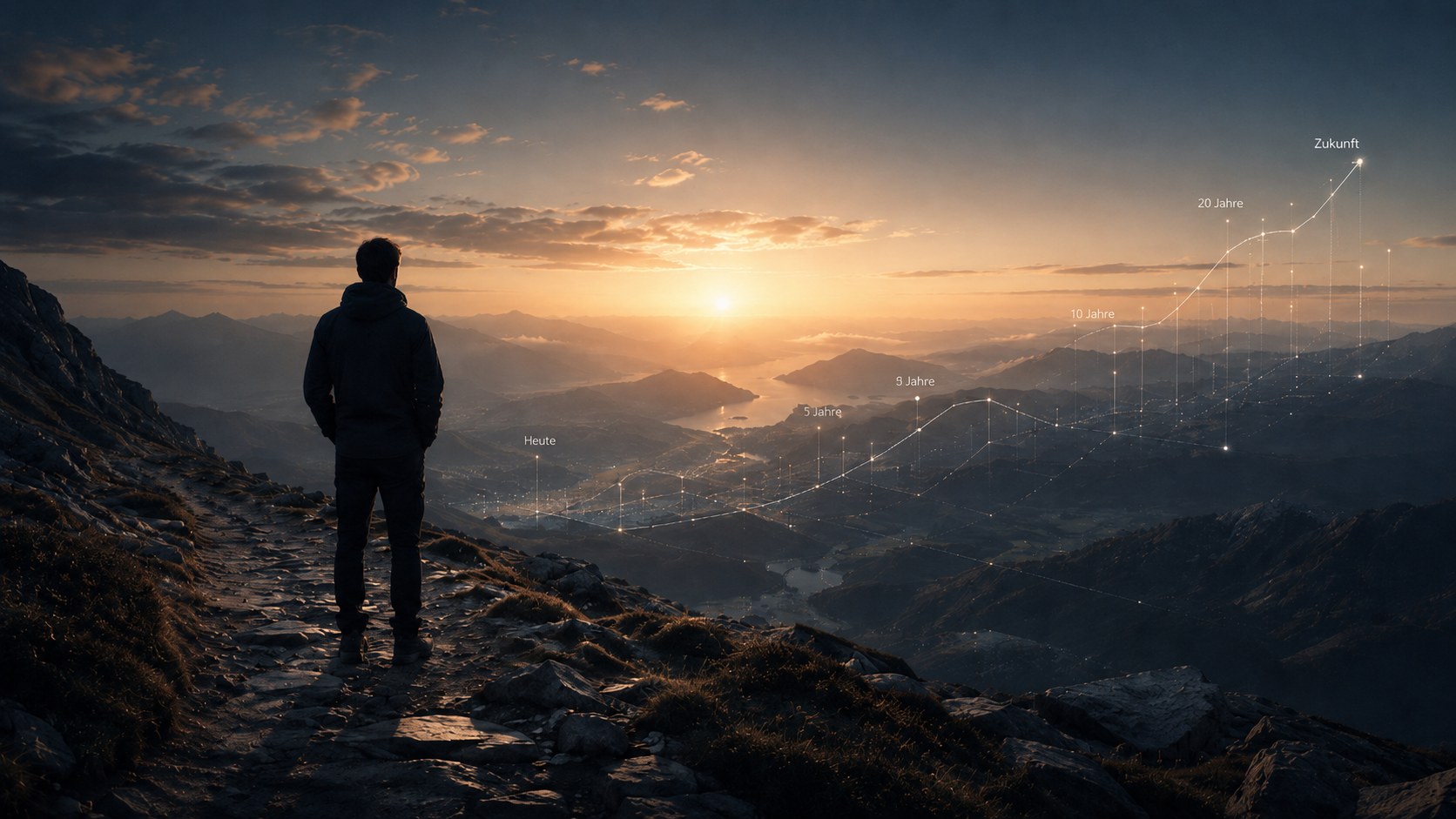 Person on a mountain path at sunrise — looking at an open future with subtle timeline lines